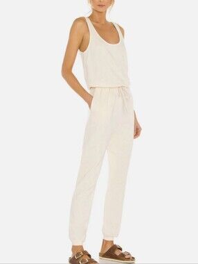 Venus Soft Cream Sleeveless Drawstring Waist Relaxed Fit Jumpsuit, XS